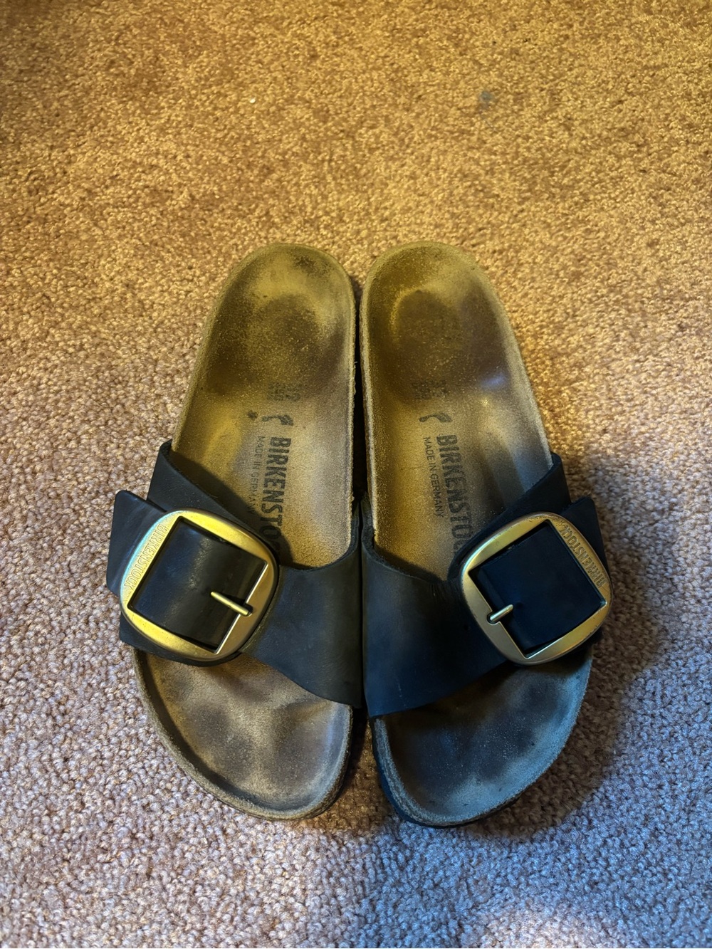 Birkenstock Black Single-Strap Sandals with Gold Buckles